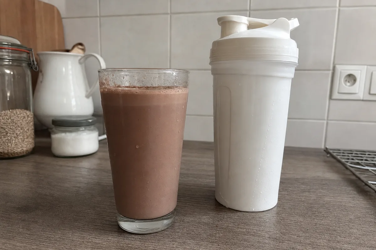 Ein fertig gemixtes Glas Shape Shake neben dem Shaker