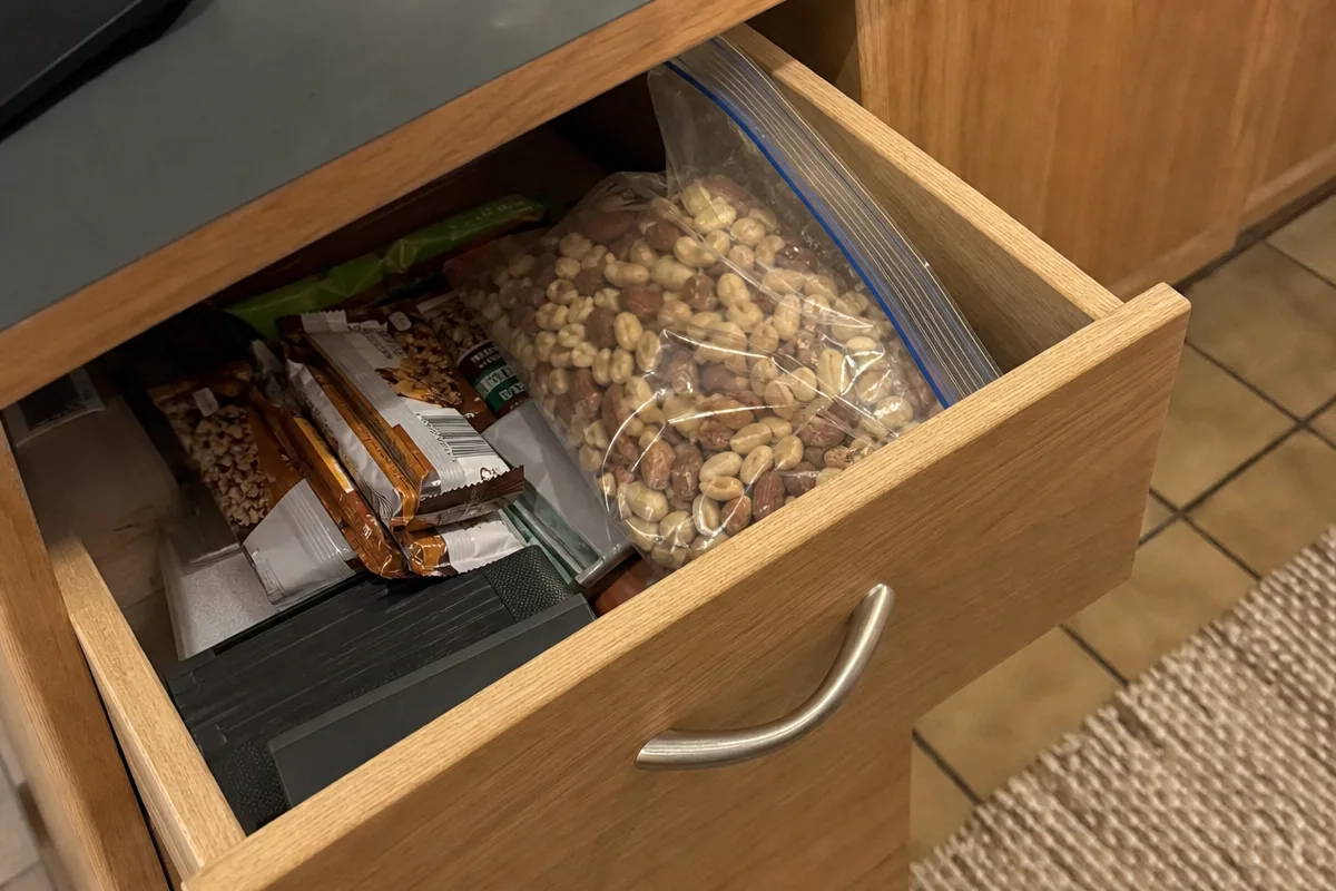Eine halb geöffnete Schreibtischschublade mit Snacks