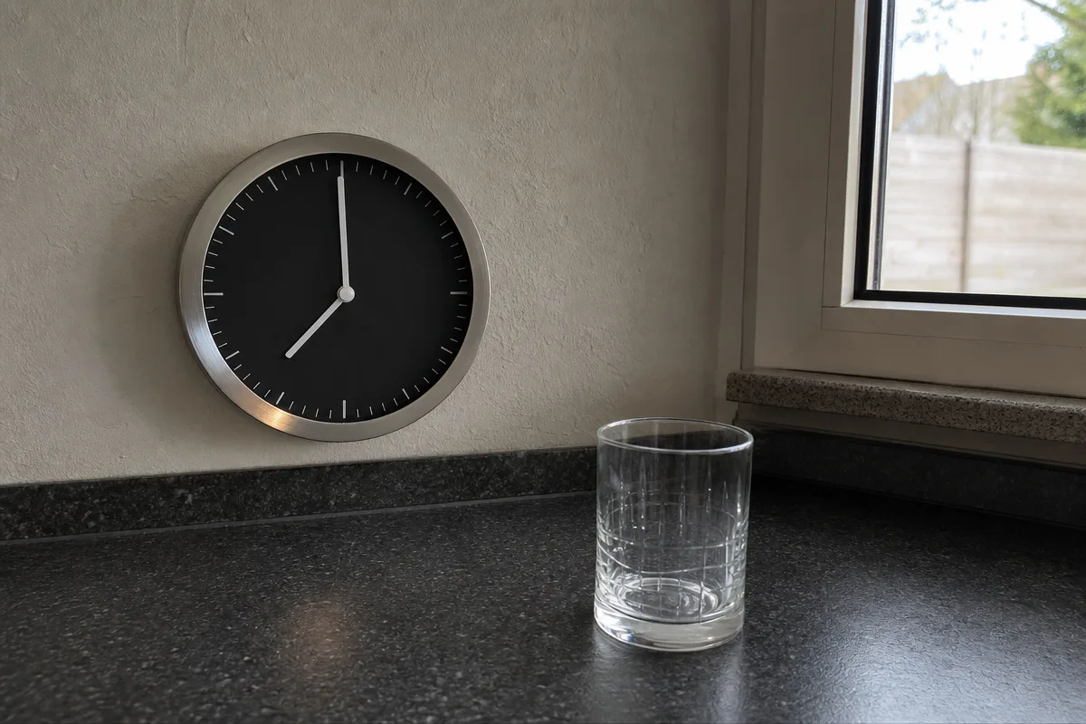 Eine Küchenuhr neben einem leeren Wasserglas