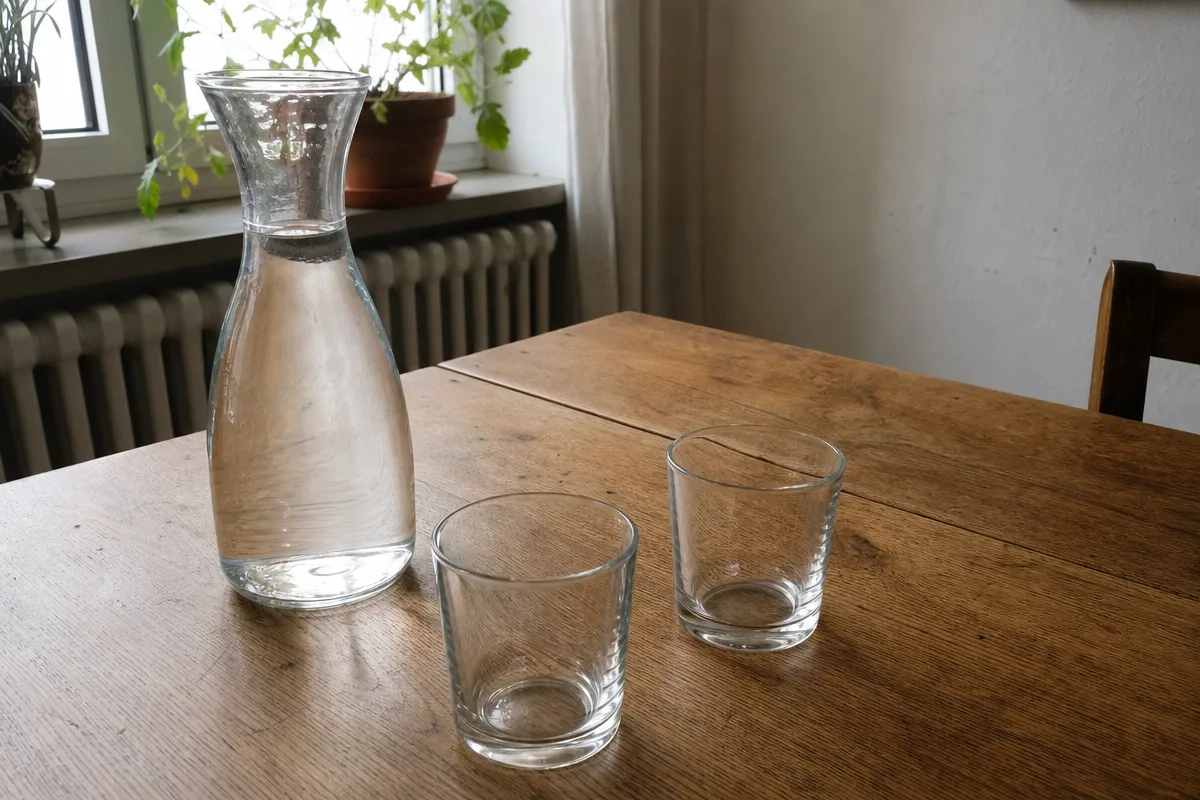Eine gefüllte Wasserkaraffe mit zwei Gläsern auf dem Tisch