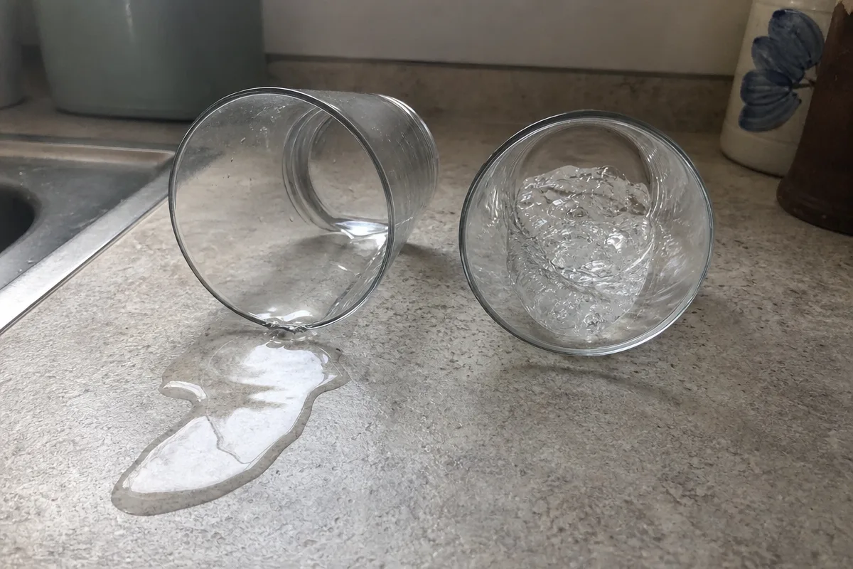 Zwei gekippte Gläser nebeneinander — aus dem einen läuft Wasser, im anderen bleibt das Gel