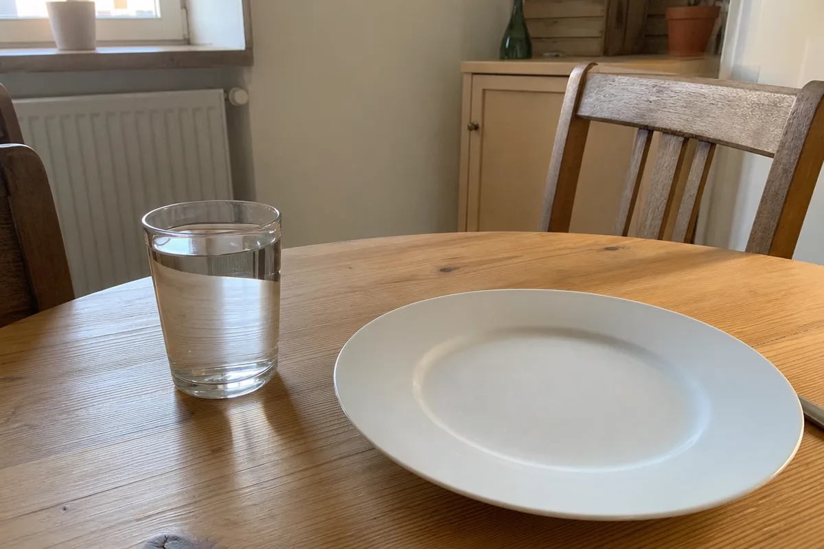 Ein volles Wasserglas auf dem Esstisch, daneben ein leerer Teller